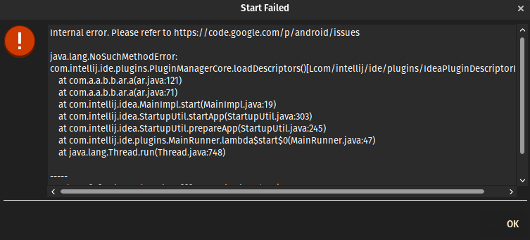 fix startup issue android studio: Start Failed Android Studio