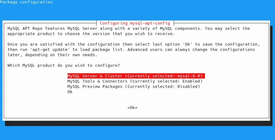 Install MySQL server: Click on Ok
