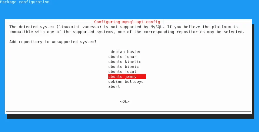 Install MySQL server: Select Ubuntu version
