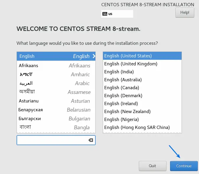 centos stream 8 install and Select Language