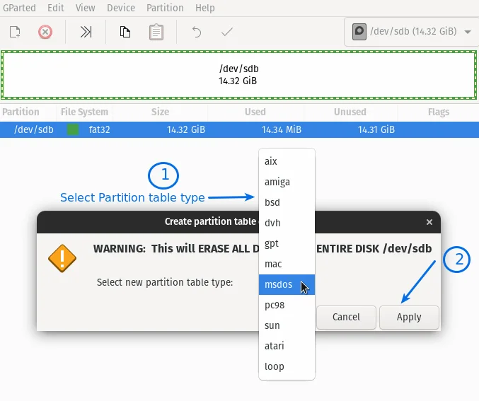 Select Partition Table Type