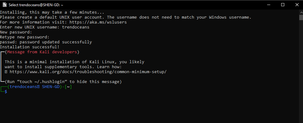 wsl Kali is successfully Installed