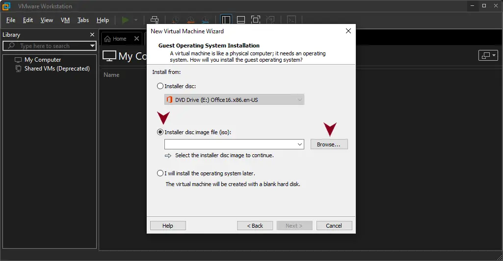 Select Installer Disc Image file (iso)