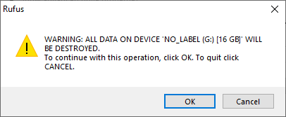 Rufus warning to avoid data loss 