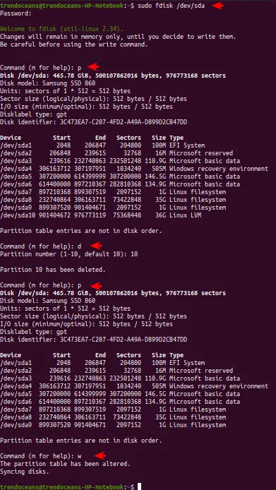 Complete step to delete partitions using fdisk