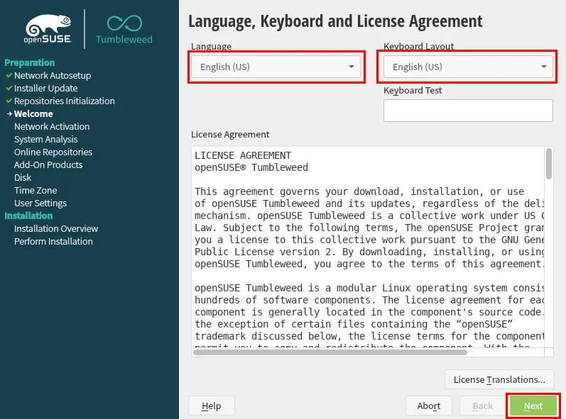 Language, Keyboard, and License Agreement