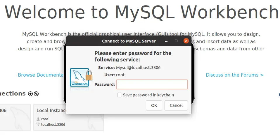 Cannot connect to database server mysql workbench: Login Prompt