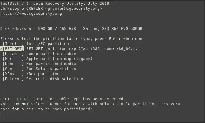 Choose partition Type