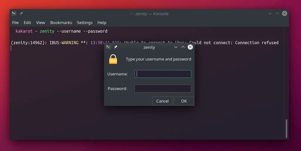 zenity --username --password