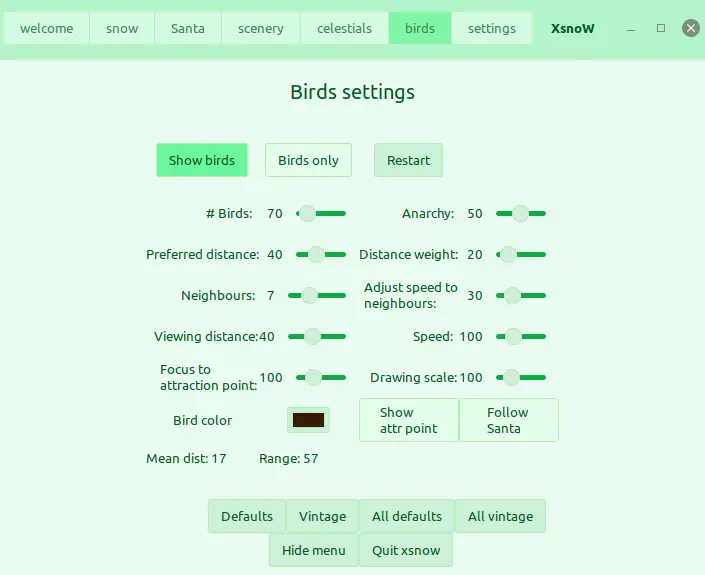 xsnow bird options