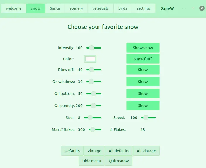 xsnow snow tab options