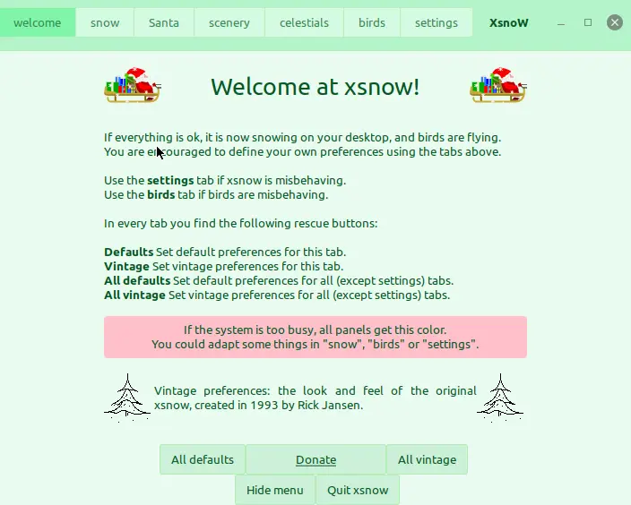 xsnow welcome screen