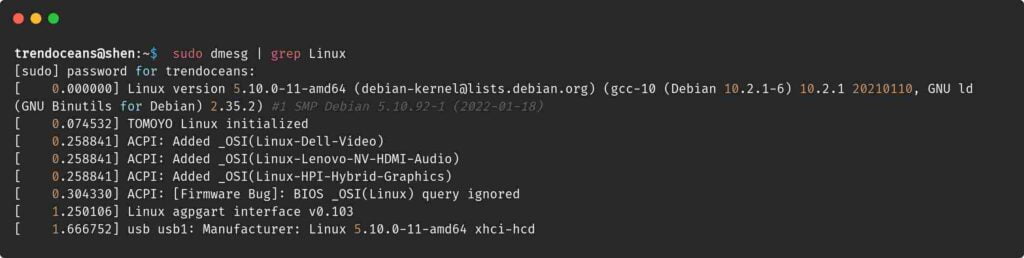 Find kernel version using dmesg