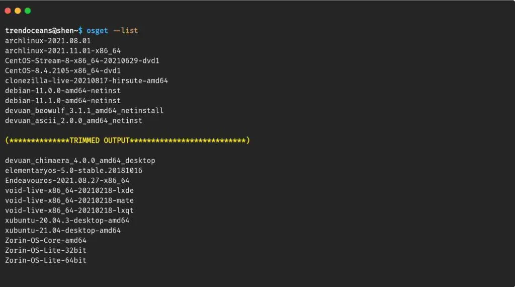 osget --list to display list of os