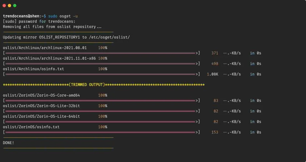 osget -update command output