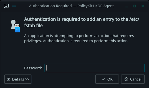Enter password to modify fstab file