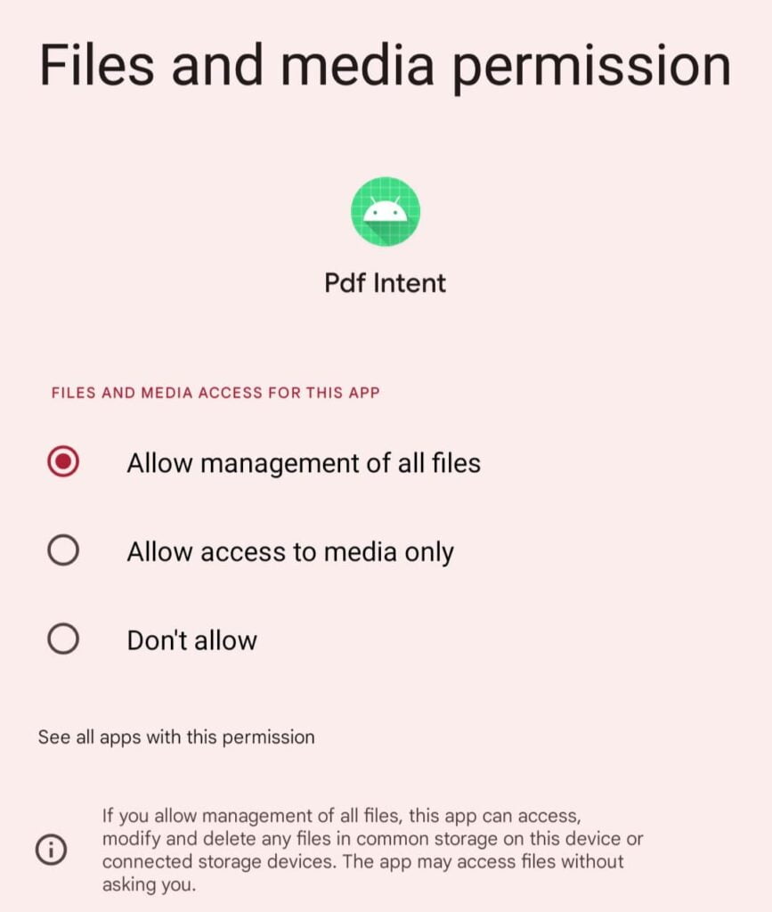 List of Permission in Android 12 to read file