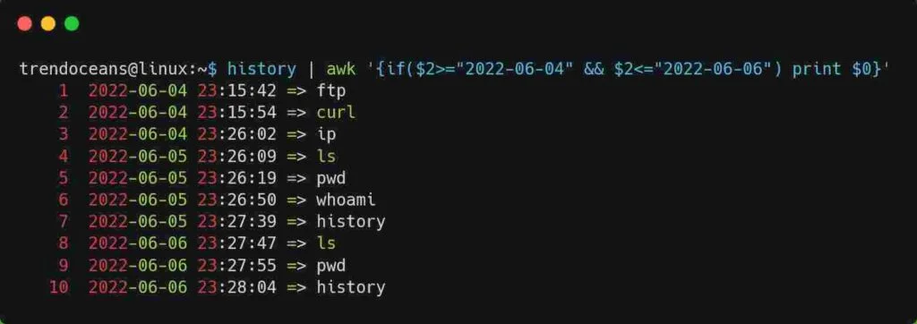 Filter the History Command Output based on Range of Date