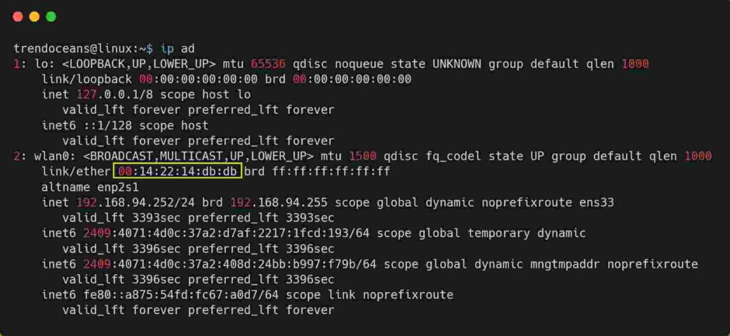 Finding the MAC address using the IP command