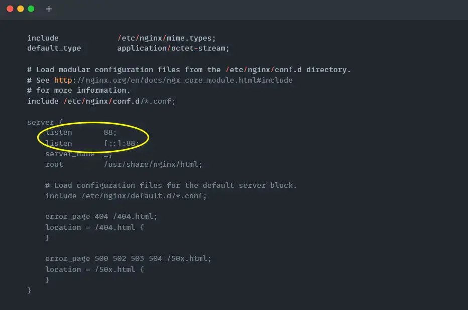 Nginx web configuration file with modifications in RHEL