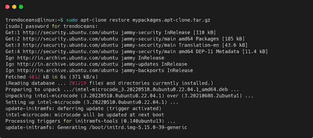Restoring the packages using the apt-clone command
