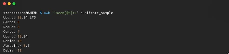 awk command to eliminate duplicate lines from the text