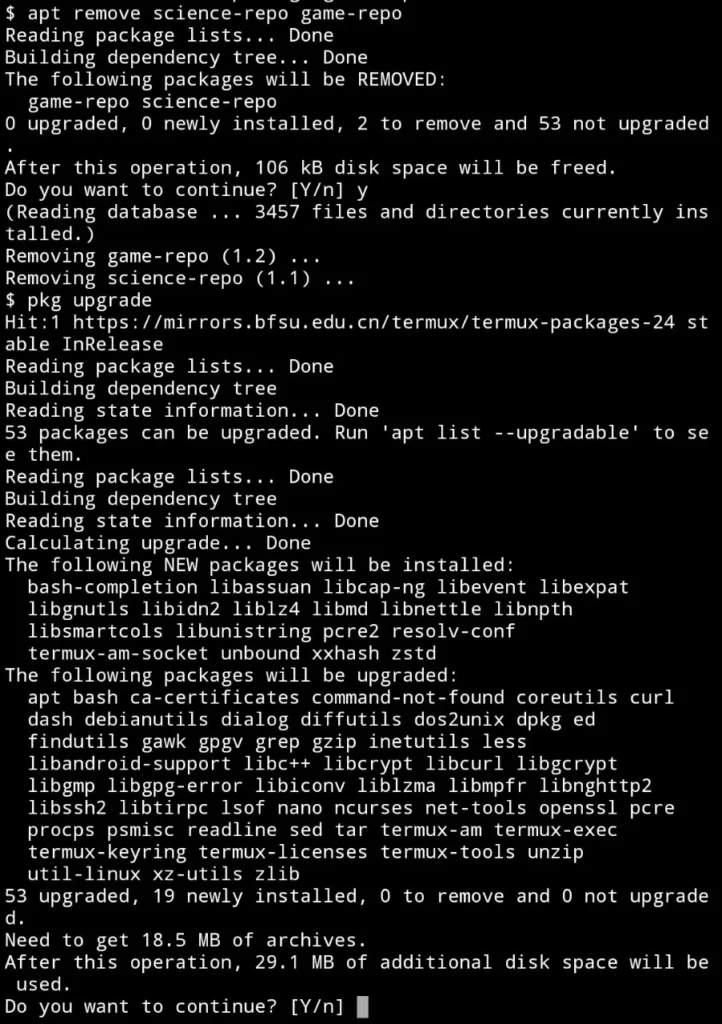 How to solve termux package management issue: After removing repo system gets upgrade