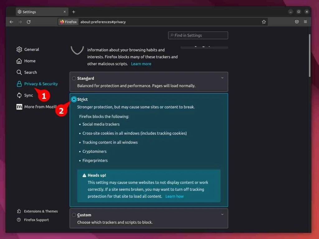 Changing the Firefox ETP settings to Strict