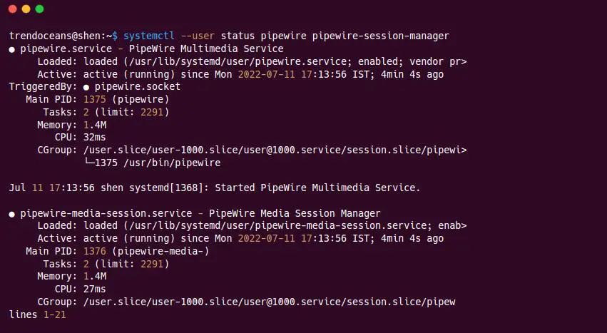 Enable pipewire audio server: Check status of PipeWire