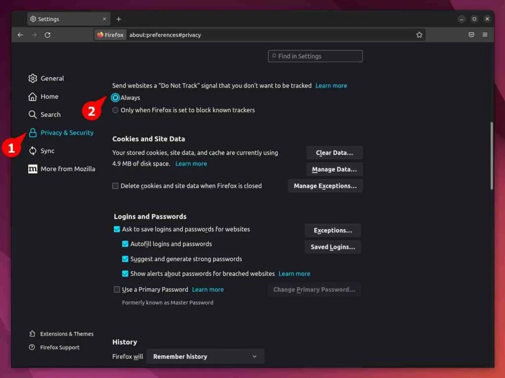 Enable DNT in firefox