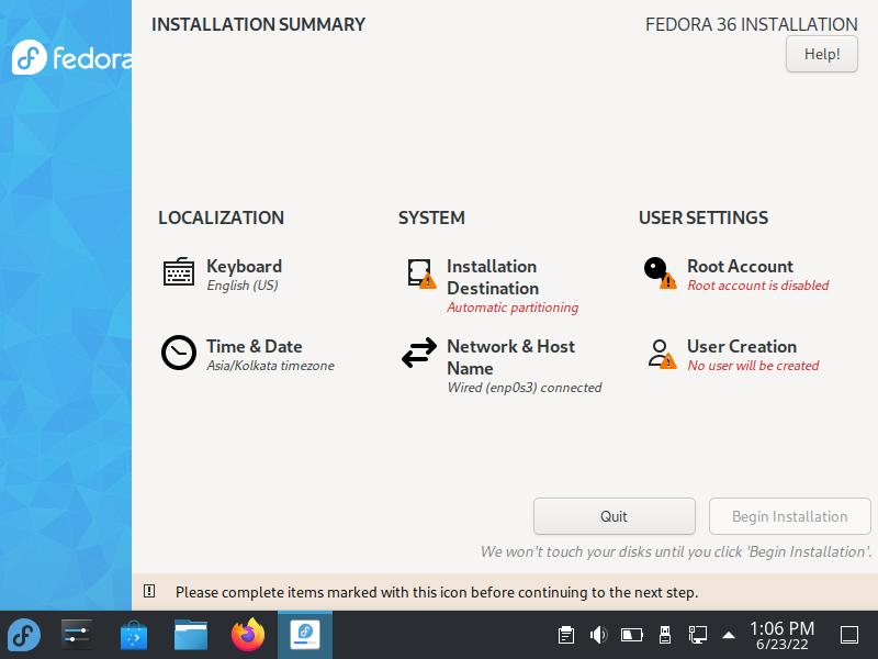 Fedora Installation Summary