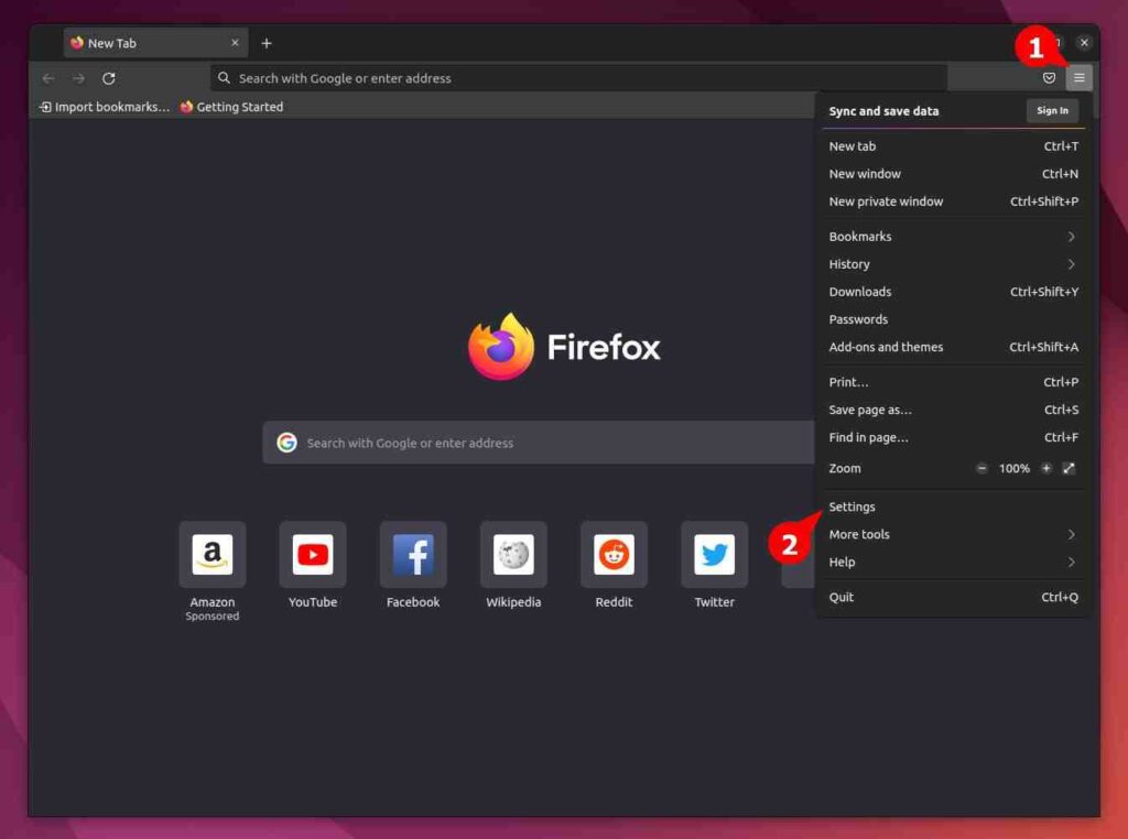 Opening the firefox settings
