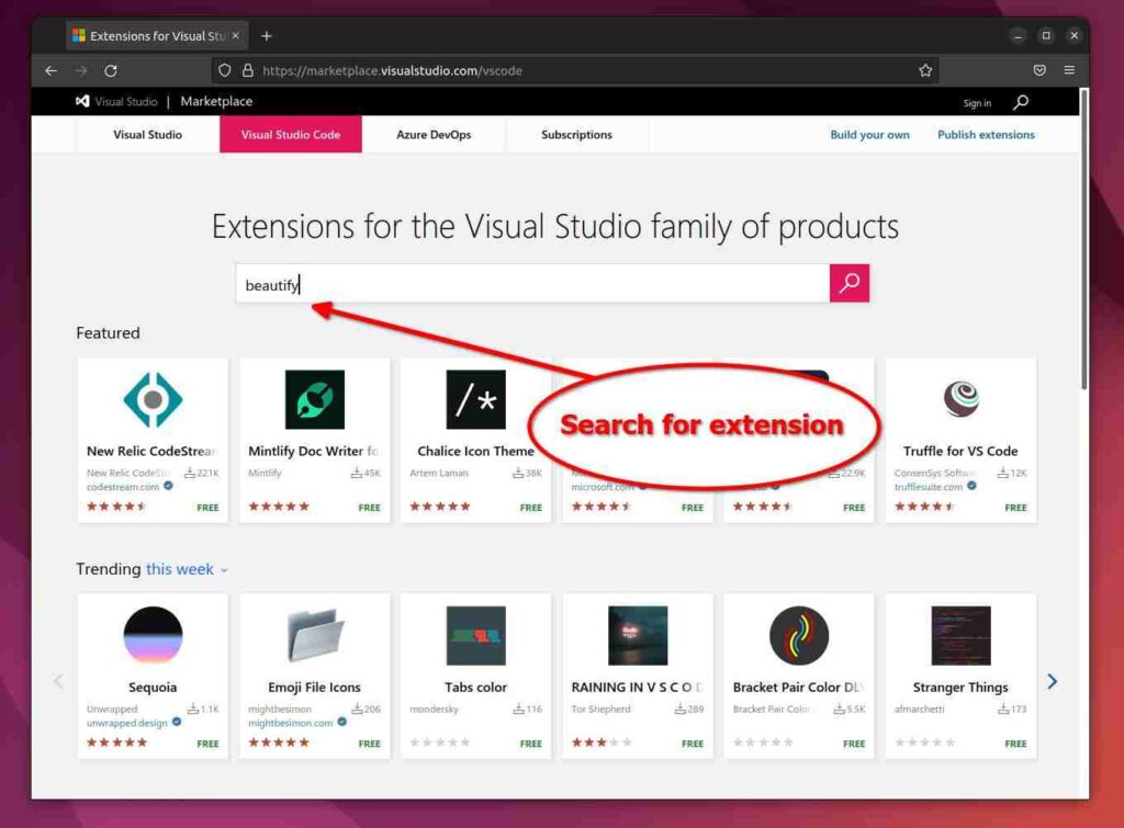 Search for your extension on Visual Studio Code Marketplace