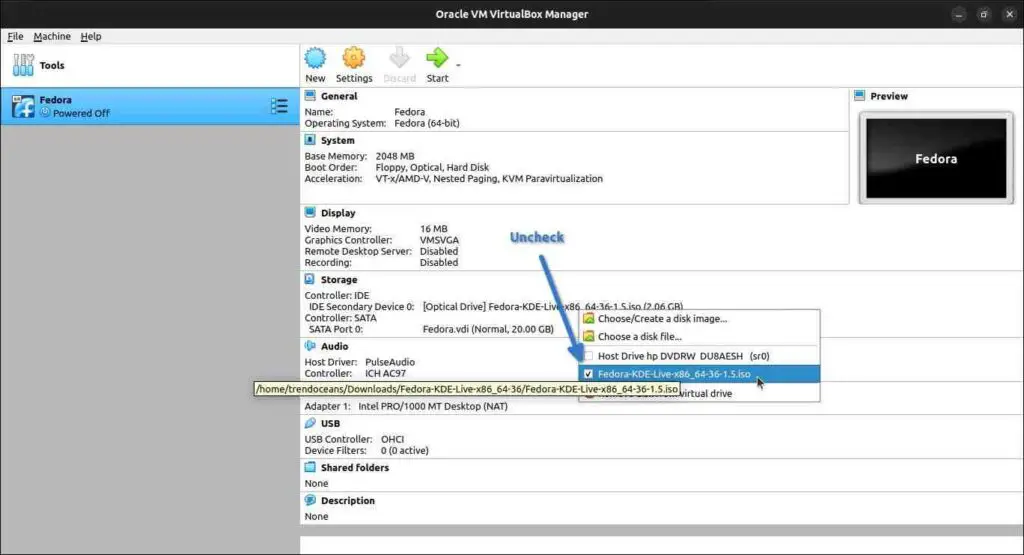 Uncheck ISO file in VirtualBox