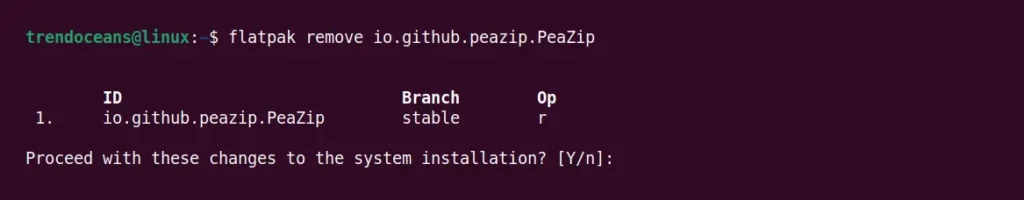 Removing PeaZip from system by using the Flatpak package manager
