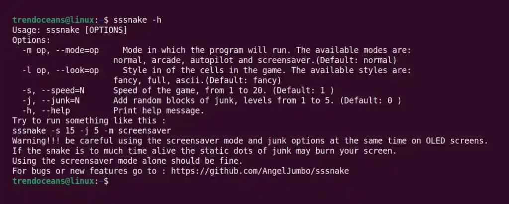 sssnake help manual in Linux terminal