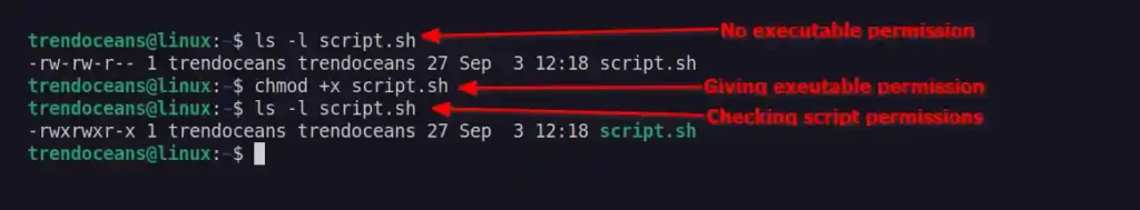 Specifying executable permission to script