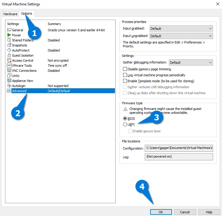 Virtual Machine Settings to change firmware to UEFI from BIOS