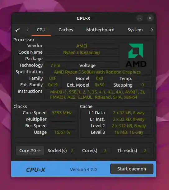 CPU-X graphical window in GTK3 Dark Theme