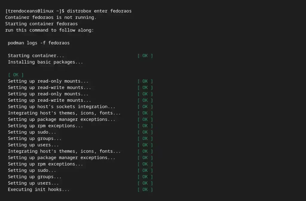 Distrobox container downloading the basic packages