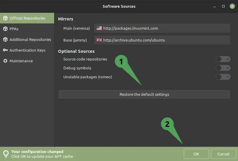 Restore default repositories information in Linux Mint