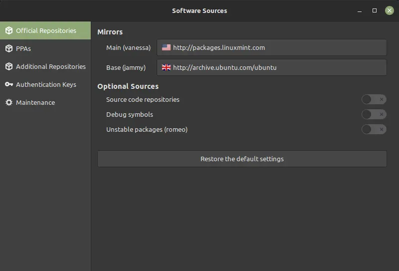 Software Sources in Linux Mint