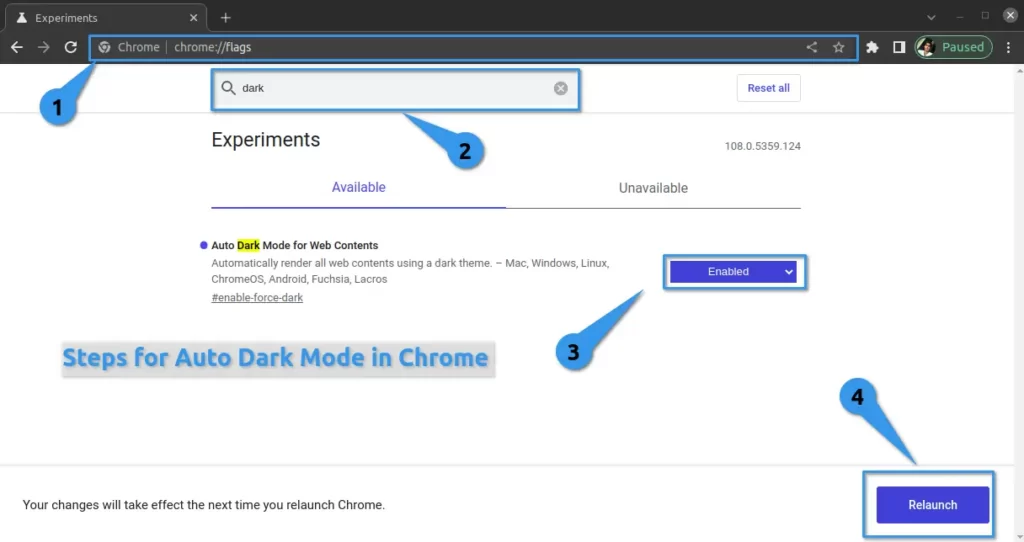Steps for Auto Dark Mode in Chrome