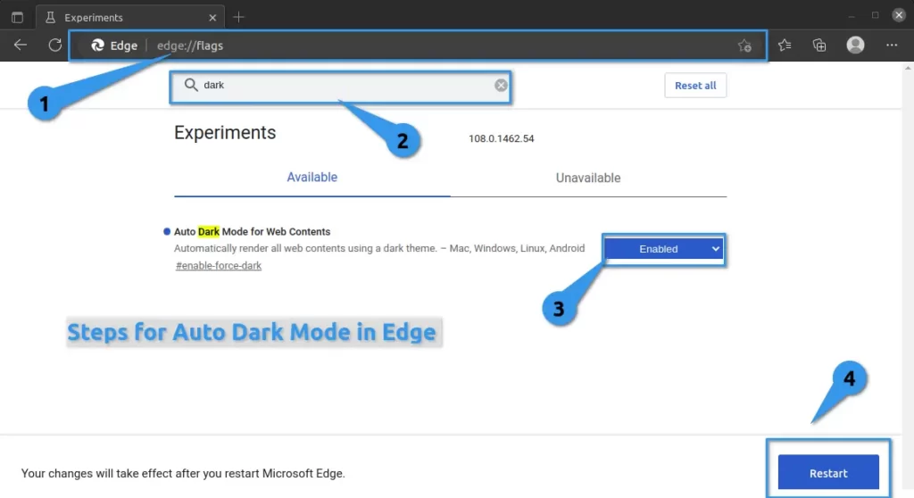 Steps for auto dark mode in Microsoft Edge