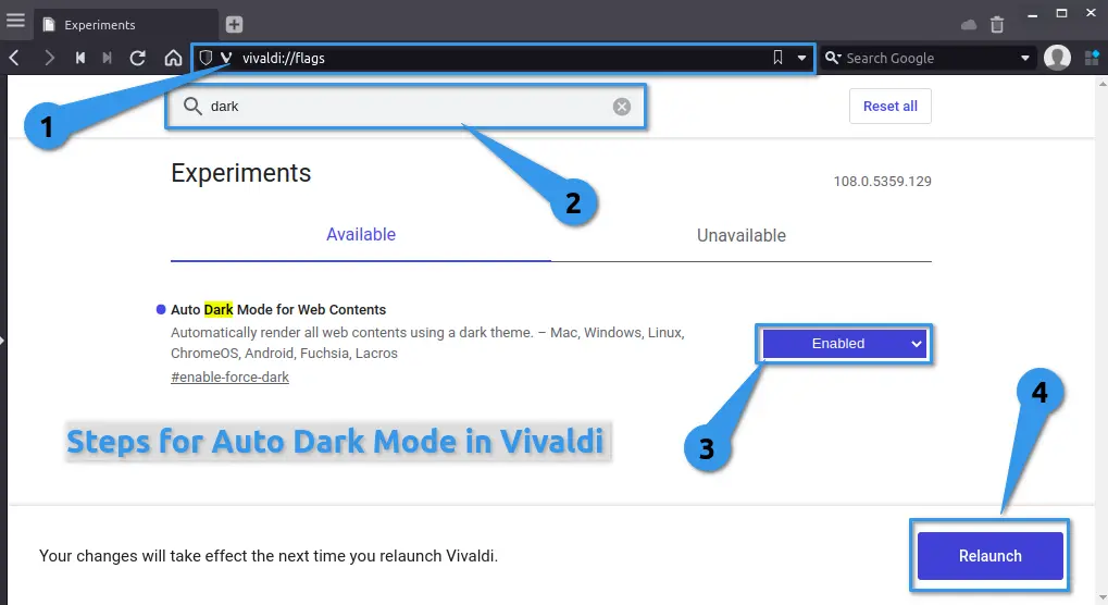 Steps for auto dark mode in Vivaldi