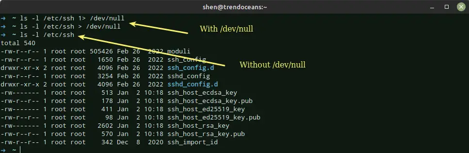 ls command output with redirection operator to suppress output