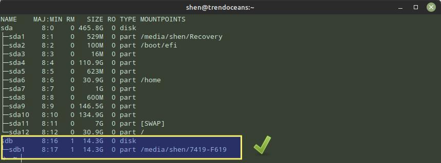 lsblk command output showing mount location