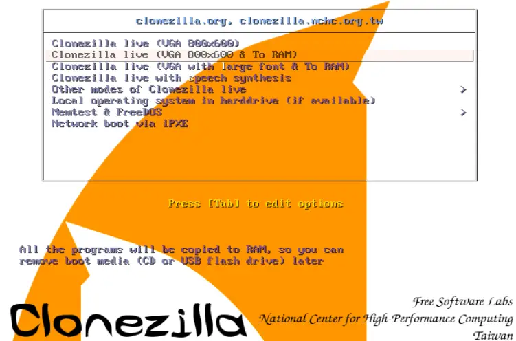 Clonezilla boot interface