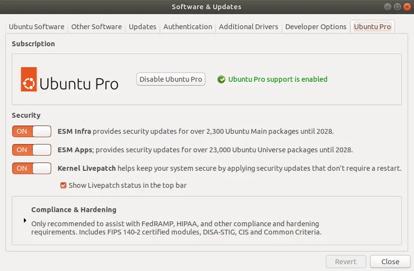 Ubuntu Pro Enabled from Software and Updates