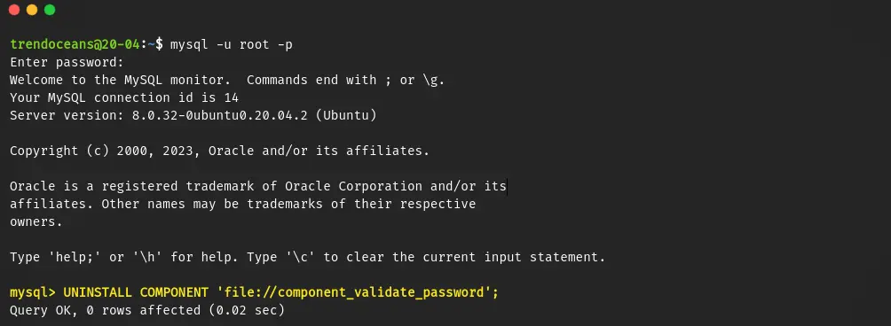 Remove password validation component in mysql